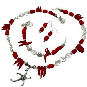 Handmade Jewelry Set - Starfish - Bamboo Red Coral , Finger Coral & Pearl